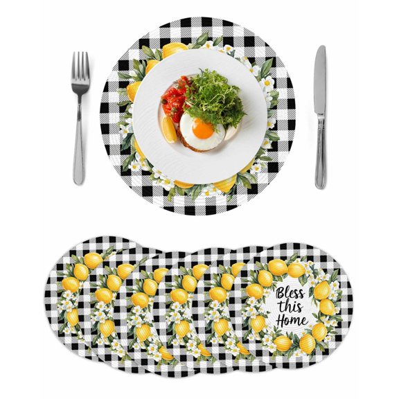 Farmhouse Lemon Round 13 Inch Placemats Set of 6, Bless Home Summer Black Buffalo Plaid HeatResistant Non Slip Place Mats for Dining Table, Wipeable Braided Kitchen Table Mats for Housewarming