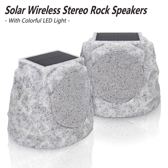 Postlucky 2 Pack Outdoor Solar Rock Speakers, Bluetooth, TWS Pairing, RGB LED Flashing, USB Charging, Waterproof, 7.3" Gray