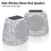 Postlucky 2 Pack Outdoor Solar Rock Speakers, Bluetooth, TWS Pairing, RGB LED Flashing, USB Charging, Waterproof, 7.3" Gray