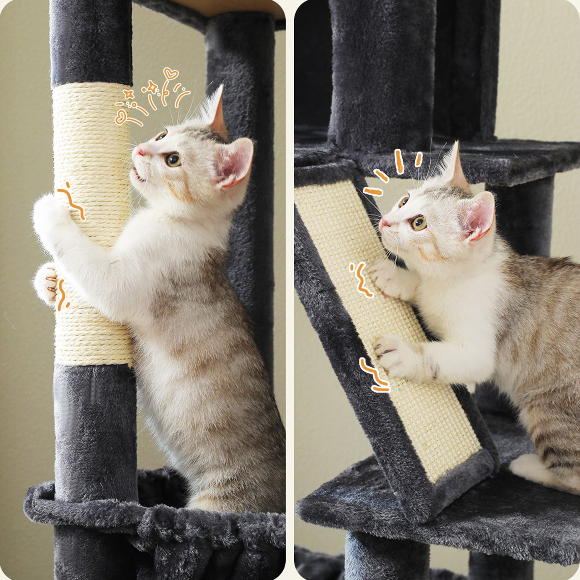 Kadyn 71" Cat Tree Tower for Indoor Cats, Plush Multi-Level Cat Condo with Scratching Posts, Perches, Hammock, 2 Pompoms, Dark Gray