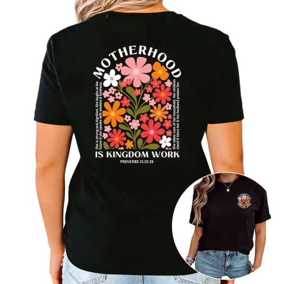 UNISHE Women's Motherhood Is Kingdom Work Floral Proverbs Christian Casual Crew Neck Short Sleeve T-Shirt Top
