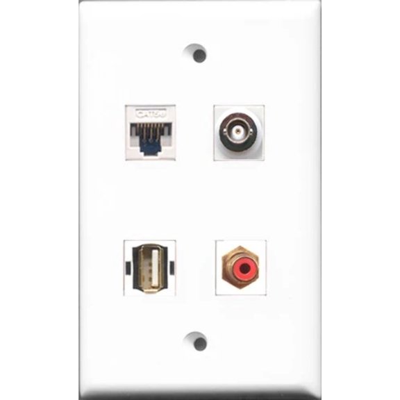 RiteAV - 1 Port RCA Red and 1 Port USB A-A and 1 Port BNC and 1 Port Cat5e Ethernet White Wall Plate