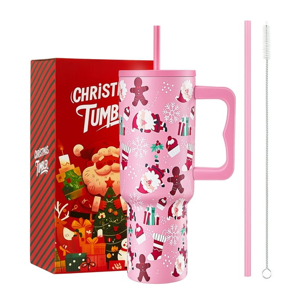40oz Christmas Tumbler with Handle Straw and Lid, Sleepy Santa - Pink