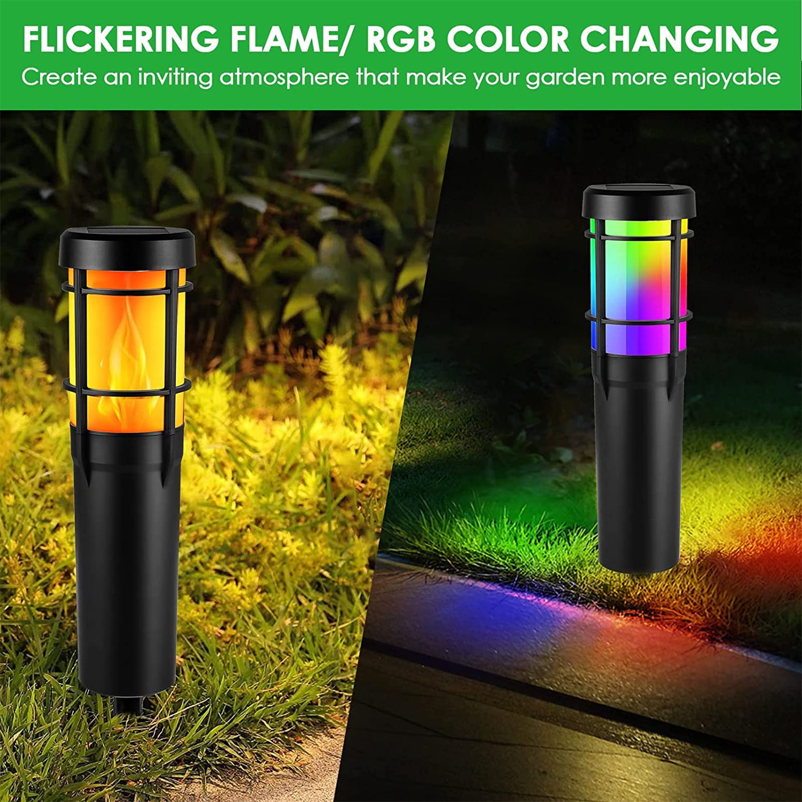 Solar Lights Outdoor, 4 Pack Flickering Flame Torch Light with RGB 7 Color Changing, Landscape Lighting Pathway Lights Outdoor Waterproof, Solar Flame Torches for Outside Garden Yard Patio Path Decor