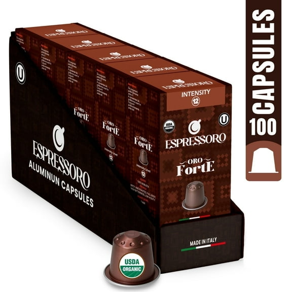 Espressoro USDA Organic Espresso Capsules, Oro Forte Intensity 12, Pack of 100