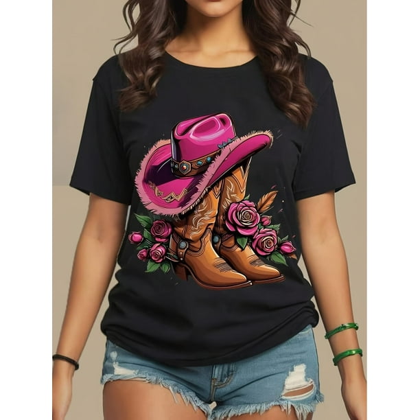 Camiseta de manga corta con estampado de botas, cuello redondo informal para primavera y verano, ideal para adultos, hombres, mujeres, adolescentes y jóvenes.