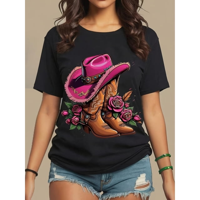 Short Sleeve Boots Print T-shirt, Casual Crew Neck Top for Spring & Summer, Women's Clothing Tee For Adult, Men, Women, Teen, Teenager, Adolescent, Youth