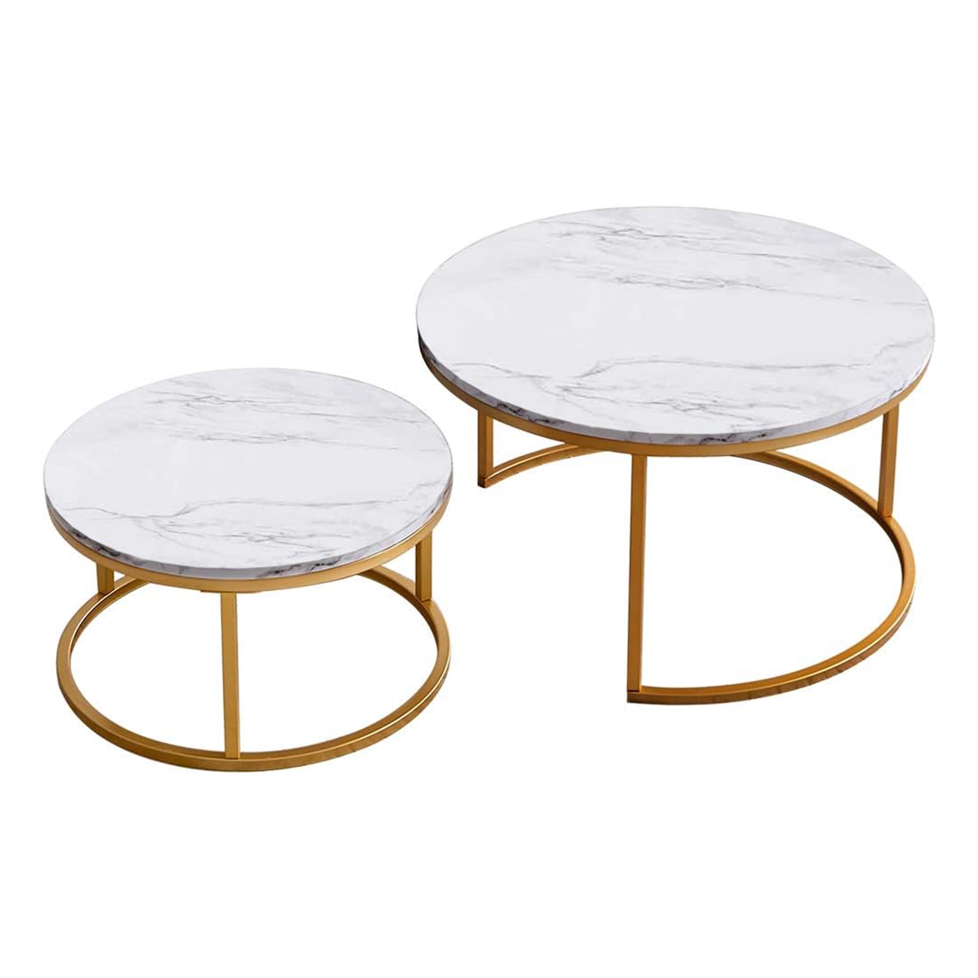 Kepooman 31.5" Nesting Coffee Table Set of 2, Round Nightstand with Faux Marble Wooden Top for Living Room, Golden