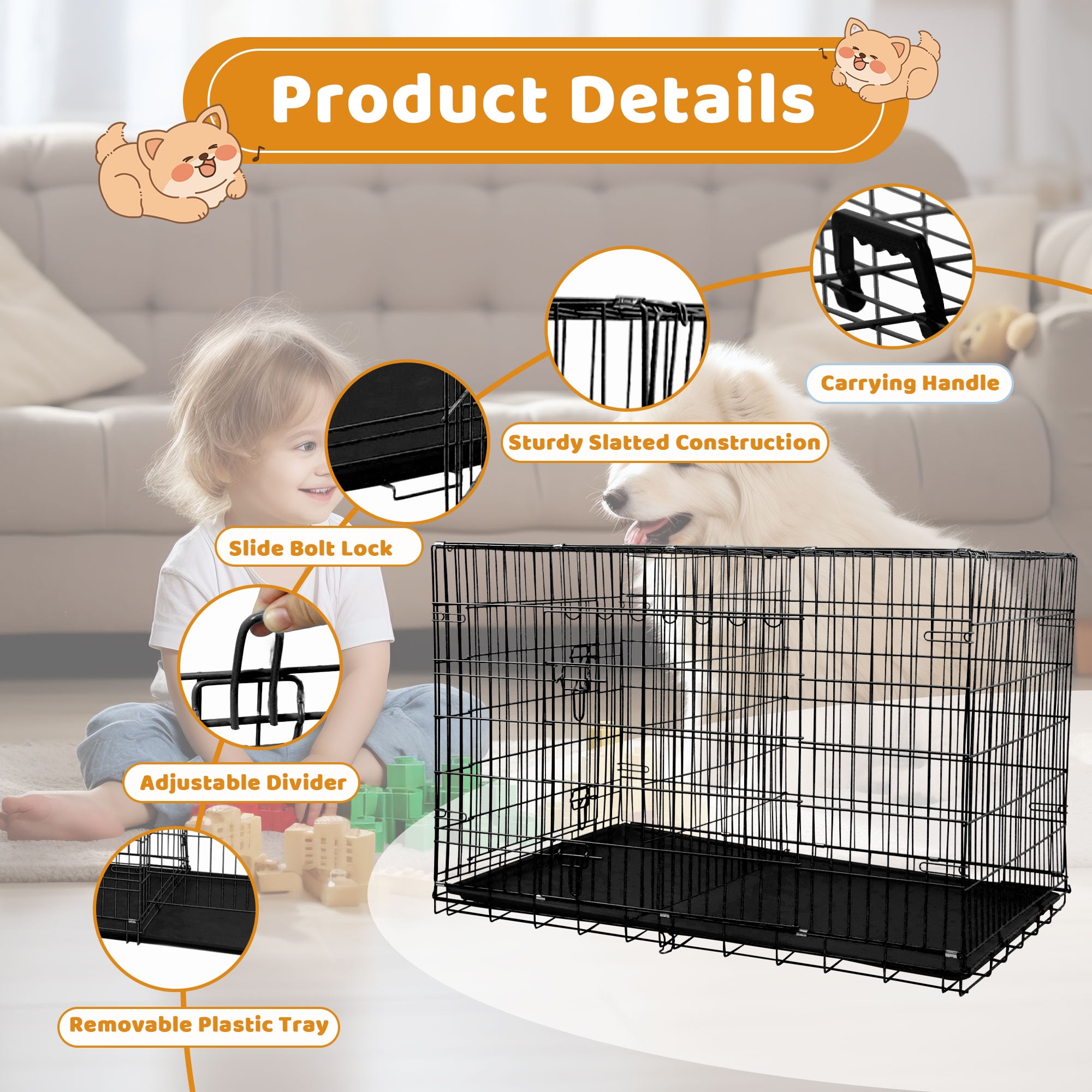 YRLLENSDAN 42 inch Dog Crate, Dog Crates and Kennels Foldable Large Dog Crate for Large Dogs with Handle Double-Door Outdoor Metal Wire Dog Cage with Plastic Tray for Medium Dogs, Black