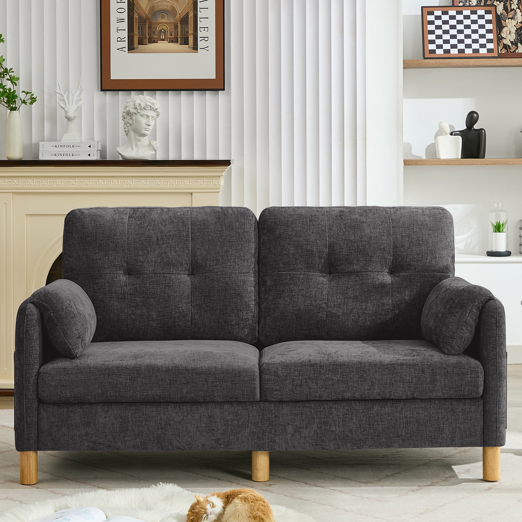 65" Chenille Loveseat Sofa, Modern 2-Seater with Armrest Pillows & Side Storage Pockets, Tufted Upholstered Loveseat for Living Room or Bedroom, Dark Grey