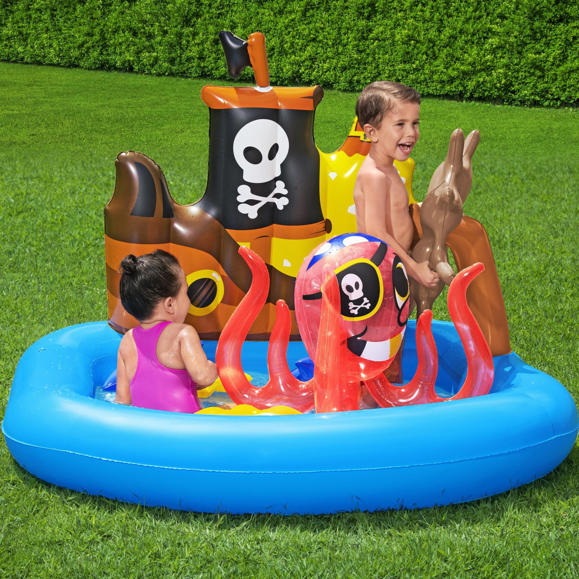 H2OGO! Ships Ahoy Pool Play Center - 55" x 51" x 41" - Bestway, Kids Inflatable Water Play Set, Includes Inflatable Octopus, Compass & 4 Rings, Kids Pirate Themed Pool, 22 Gallon Capacity, Ages 2+