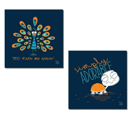 Lovely Turtle - 2 Lovely Navy Blue and Orange Turtle and Peacock Set; Perfect for a Child's Room or Nursery; Two12X12 Poster Prints