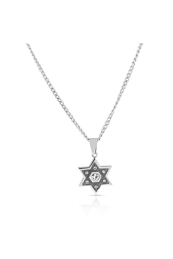 Stainless Steel Silver-Tone Black White Clear CZ Jewish Star of David Pendant Necklace, 22"