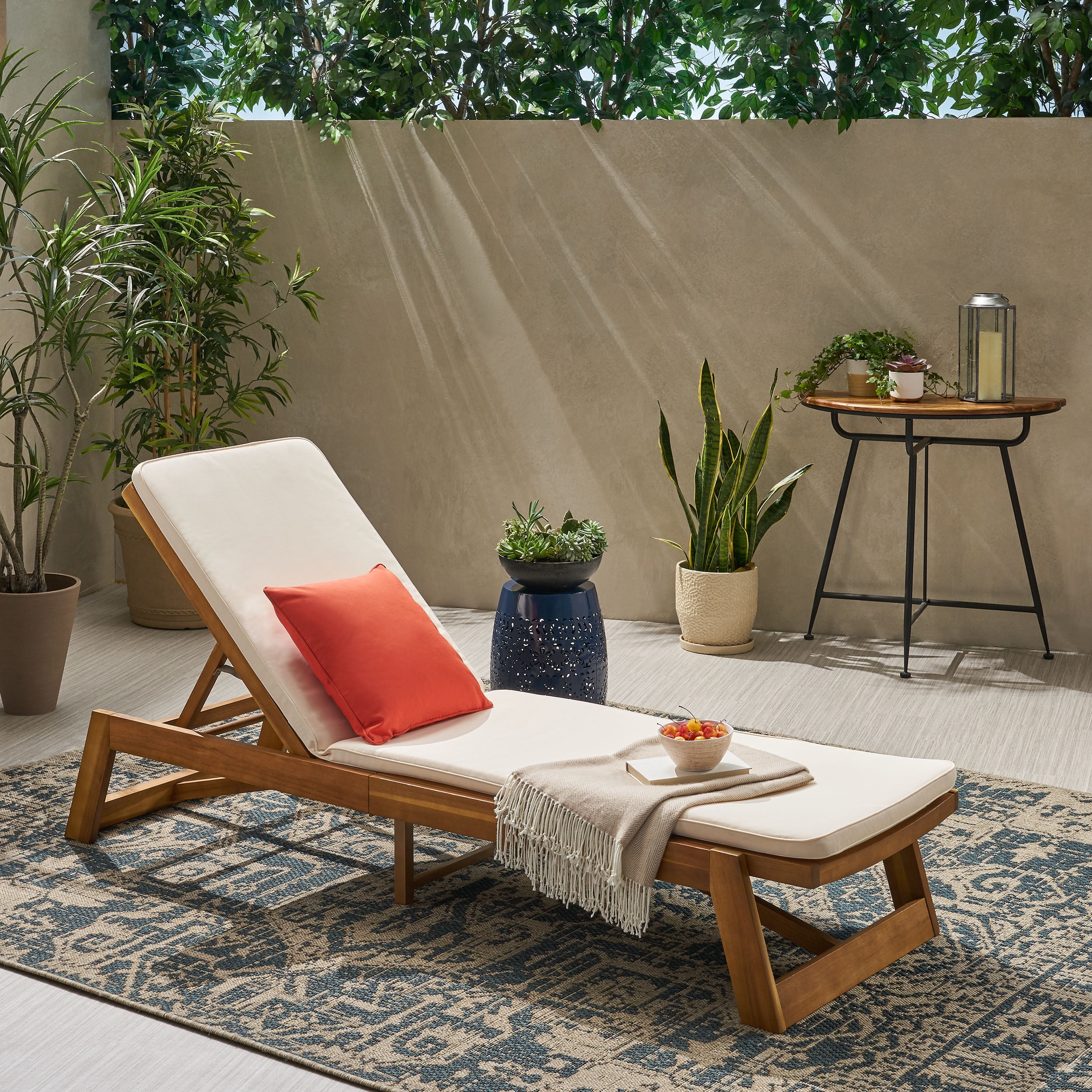 Cullen Outdoor Acacia Wood Chaise Lounge and Cushion Set, Teak and Cream