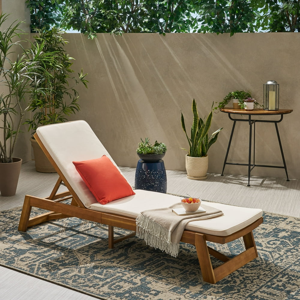 Cullen Outdoor Acacia Wood Chaise Lounge and Cushion Set, Teak and