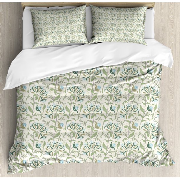 Green Duvet Cover Set, Pastel Colored Floral Ornaments Soft Petals