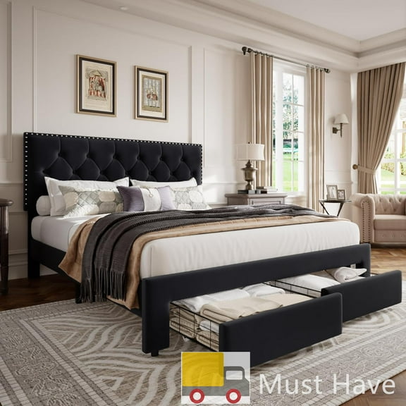 Jojoka Upholstered King Bed Frame with Storage Drawers, Velvet Platform Bed with Tufted Headboard & Rivets, No Box Spring Needed, Noise Free, Black