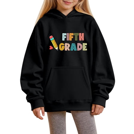 TIREOW Girls Fifth Grade Hoodie Back to School Long Sleeve Hooded Sweatshirts with Colorful Letter Print Loose Fit Pullover Sweatshirt