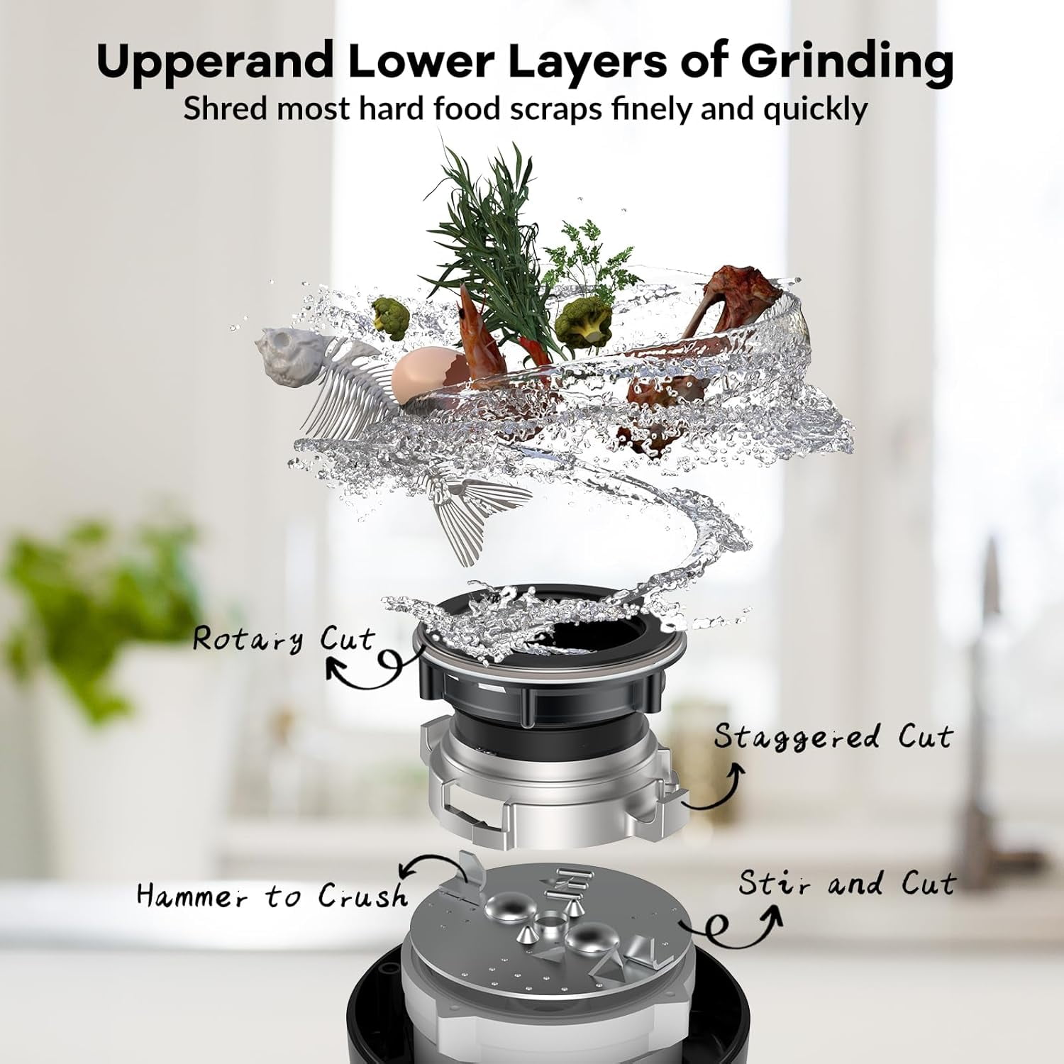 Garvee 1/2 HP Garbage Disposal with Air Switch, 4-Stage Grinding, 3500 RPM, Quiet Food Waste Disposer, Stainless Steel & ABS, for Kitchen, Matte Black