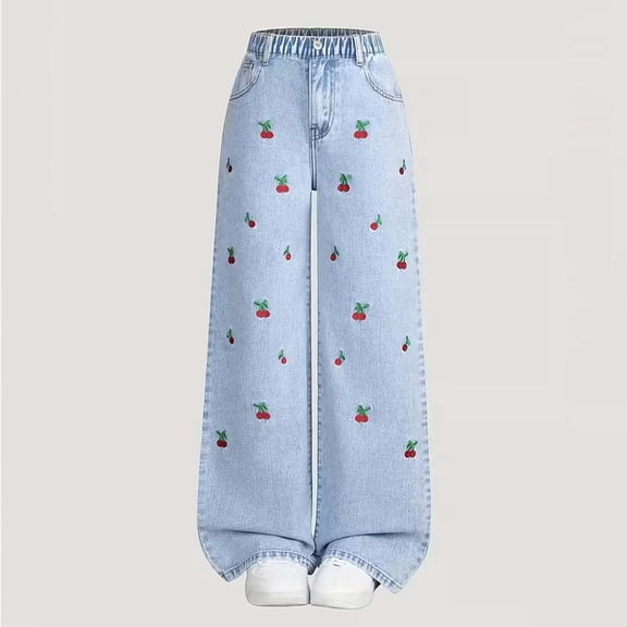 ATOGUTA Girl'S Jeans Baggy Denim Pants Elastic High Waist Wide Leg Jeans with Pockets Size 5T-15, Blue
