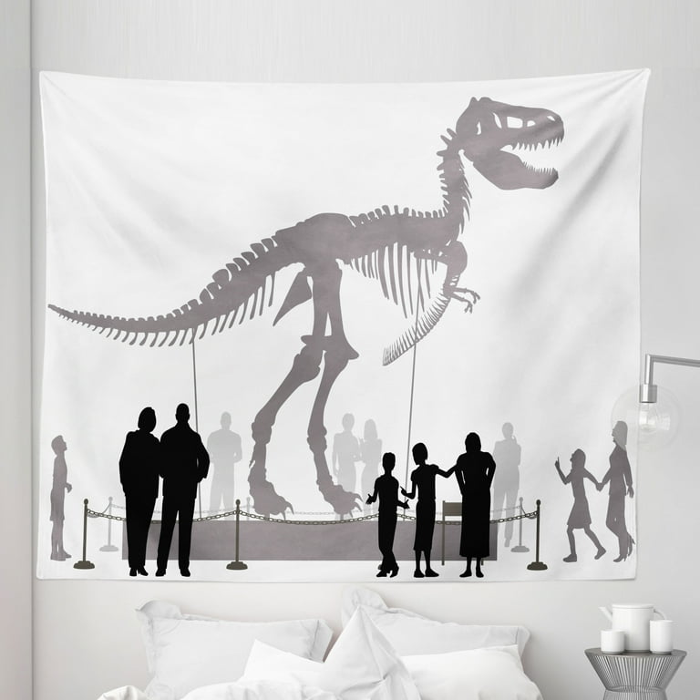 Dinosaur Tapestry Silhouettes of People Looking at a Tyrannosaurus Rex Skeleton in a Museum Fabric Wall Hanging Decor for Bedroom Living Room Dorm