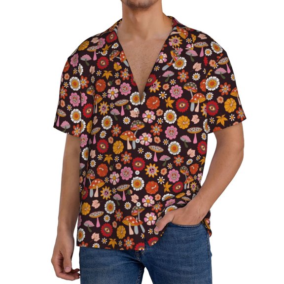 Logiee 70s Groovy Hippie Retro Print Men's Button Down Shirts Short Sleeve, Summer Beach Shirts,Vacation Wedding Shirts,Men's Casual Button-Down Shirts with Pocket-Small