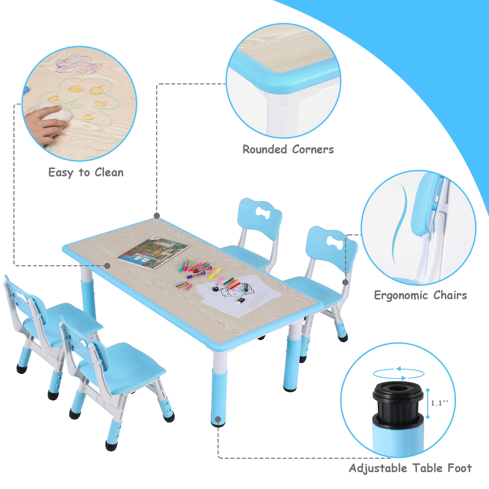 TLSUNNY Kids Table and 4 Chairs, Adjustable Height Childrens Activity Set with Graffiti Desktop & Anti-Slip Legs,  for Daycare Classroom Home