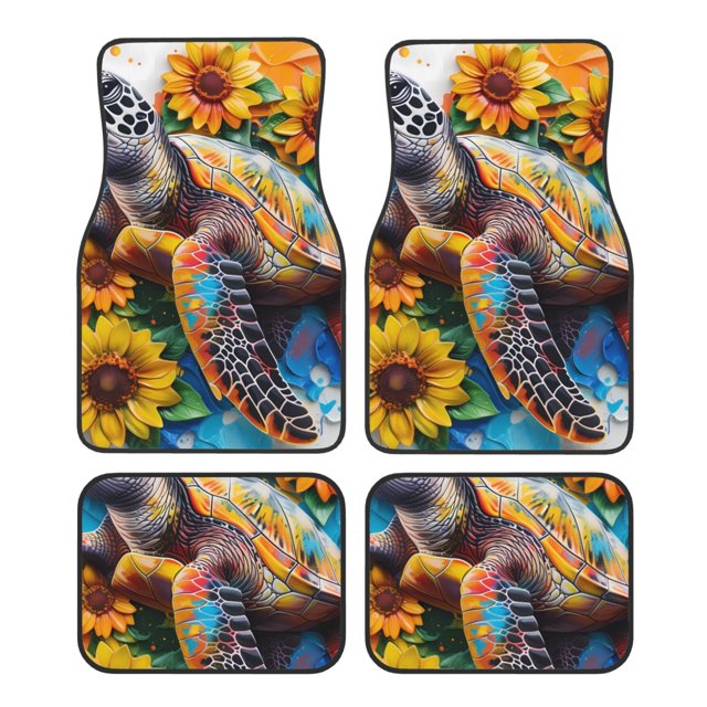 Kdxio Sunflower Turtle Print Car Floor Mats Universal SUV Front Rear Floor Foot Mats 4-Piece Full Set with Non-Slip Rubber Backing Car Accessories for Most Cars