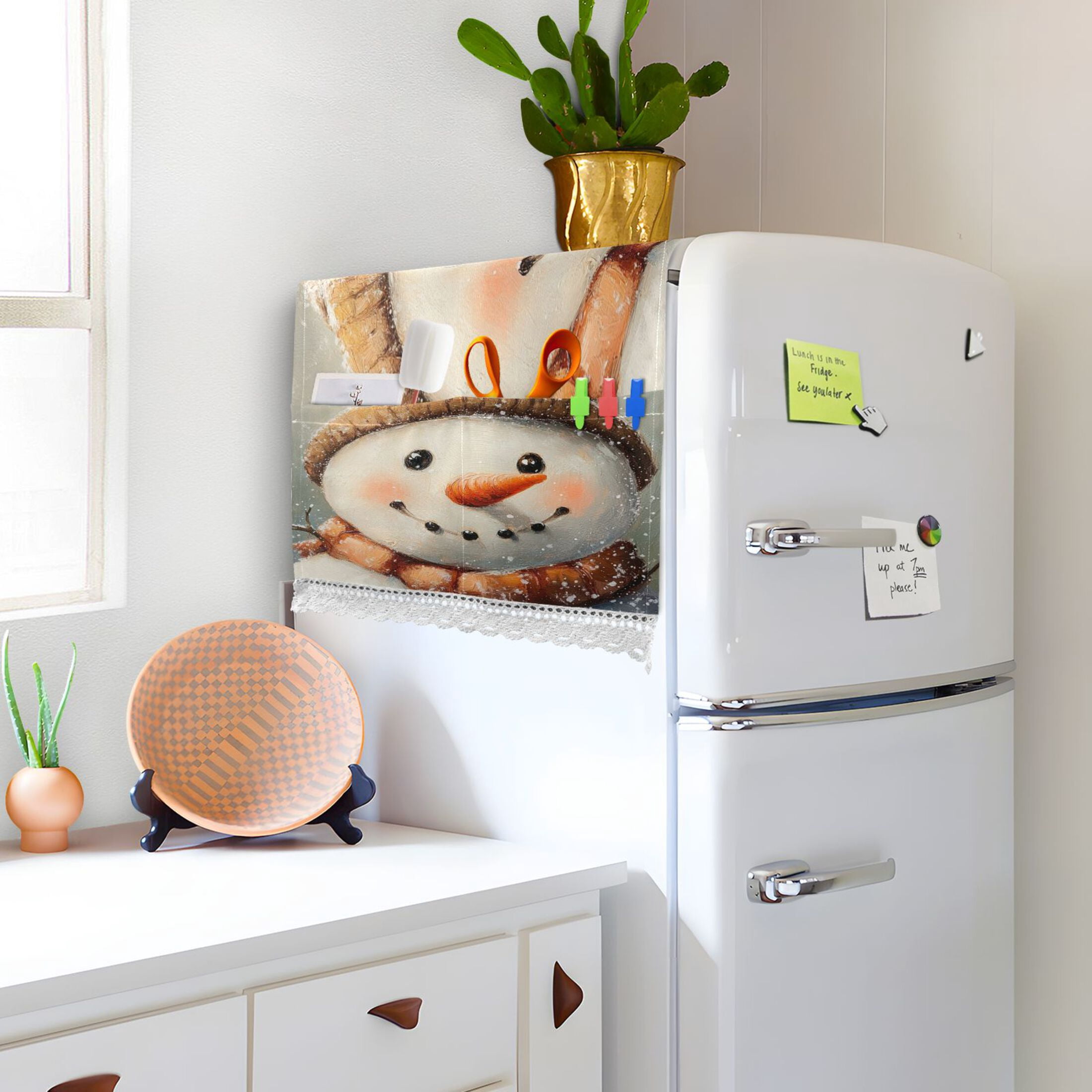 Snowman HhostatWasher and Dryer Covers Dust-Proof and Oil Resistant Fridge Cover with 4 Storage Pockets Washing Machine Top Cover for Laundry Kitchen Home 51.2 x 22 In