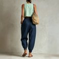 thumbnail image 3 of Morttic Women's Solid Color High Waist Pleated Jogger Pants – Cuffed Ankle Lantern Trousers with Side Pockets Summer Daily Wear Navy Blue，M, 3 of 4