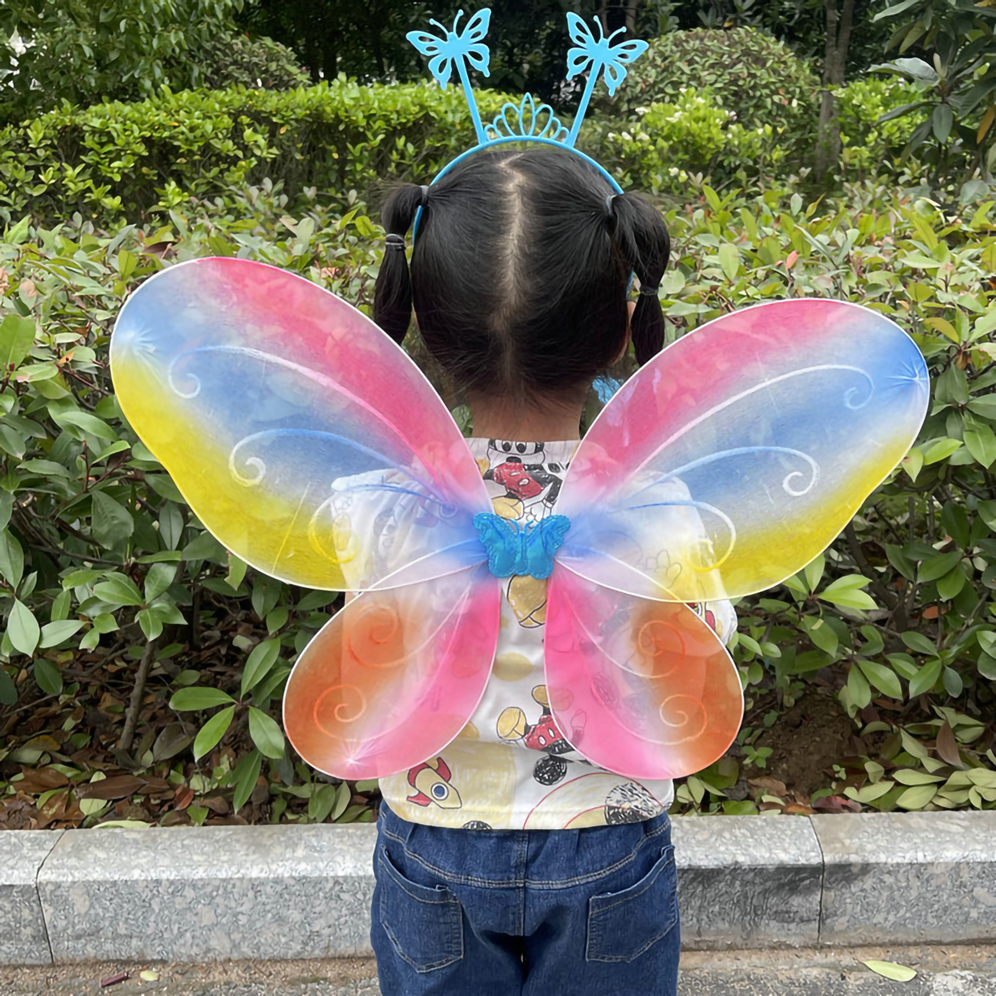 Kids Girls Rainbow Butterfly Wings with Headband and Wand Angel Wing Fairy Wings Halloween Costume Birthday Party Favors - image 3 of 4