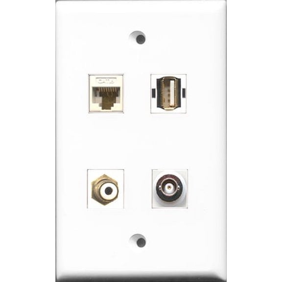 RiteAV 1 Port RCA White and 1 Port USB A-A and 1 Port BNC and 1 Port Cat6 Ethernet White Wall Plate