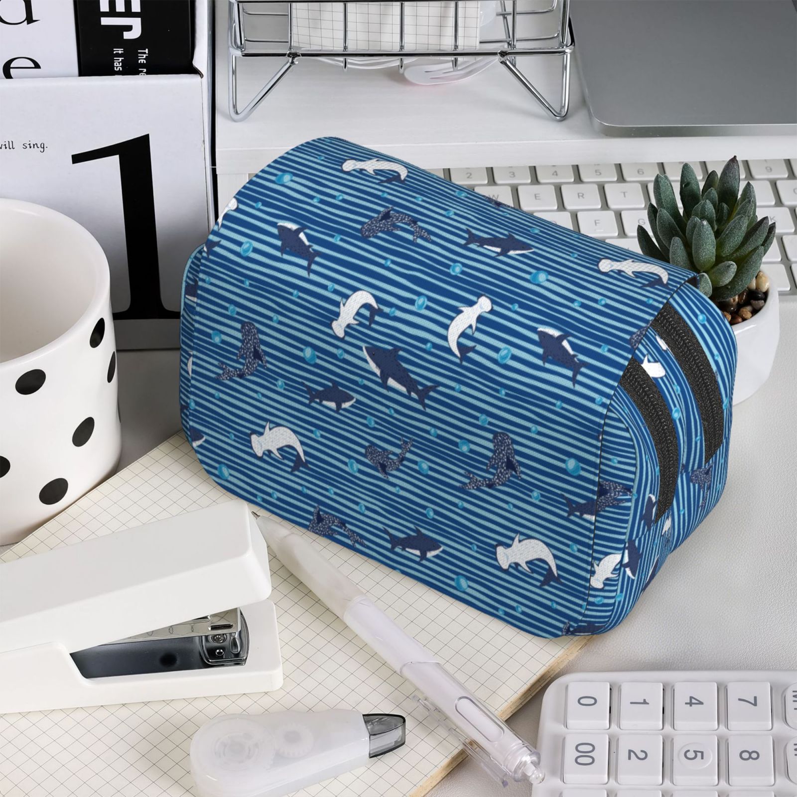 Rateoe Sharks on White Blue Striped Pattern Double Clamshell Pen Case, Storage Organizer with Two Zipper Compartments– Holds Up to 50 Pencils & Pens