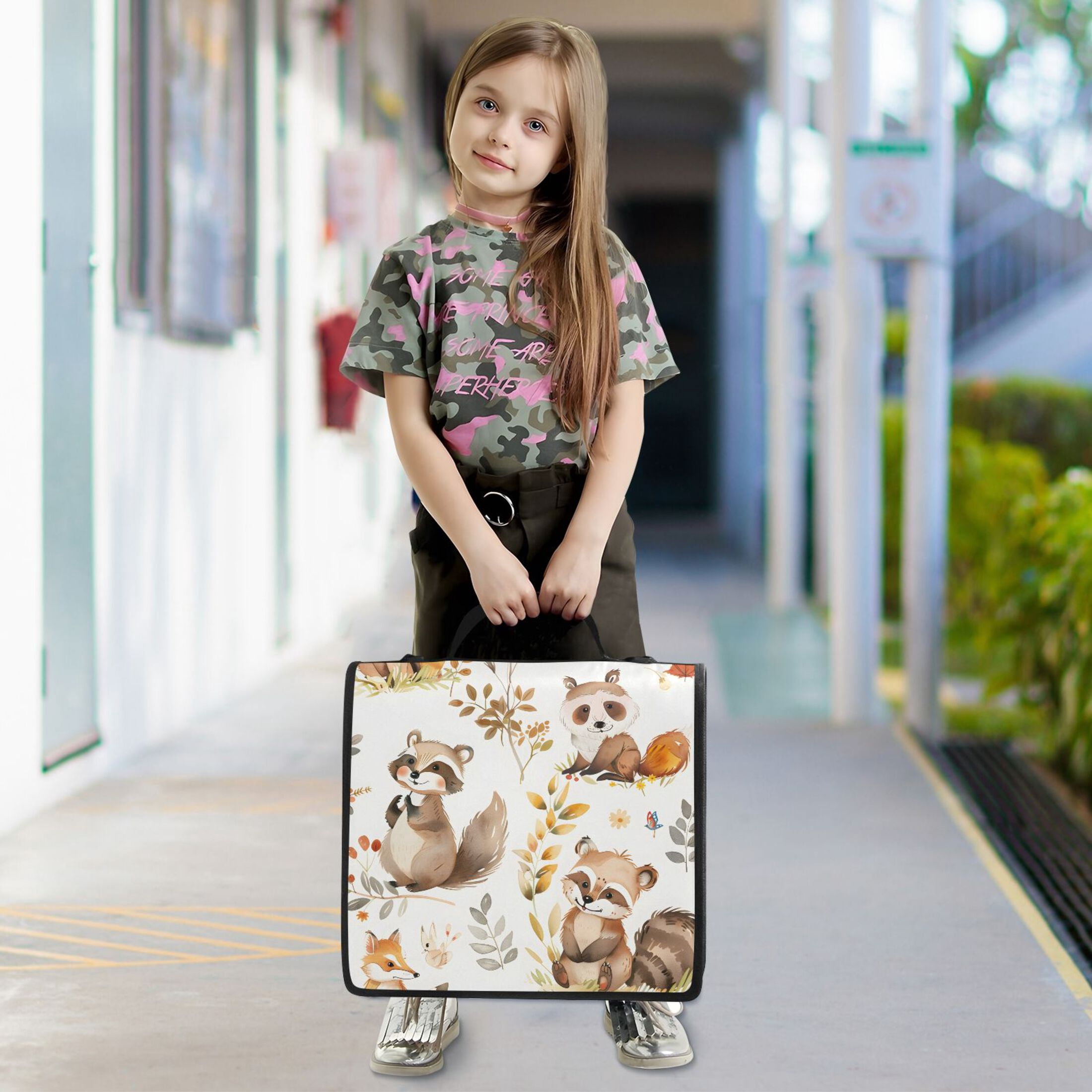 3 Ring Zipper Binder with Shoulder Strap Waterproof Trapper Keeper 2 Inch D-Ring 500 Sheets Capacity Cartoon Raccoon Fox