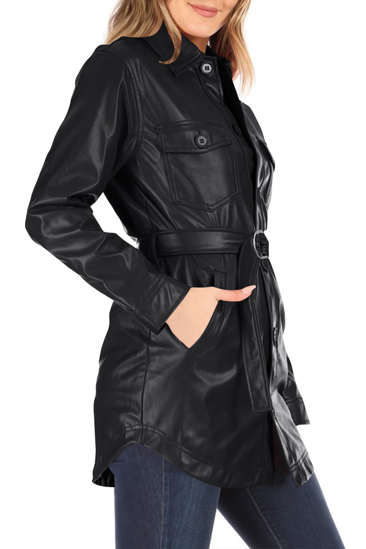 Women's Long Sleeve Button Front Waist Belted Faux Leather Coat Jacket