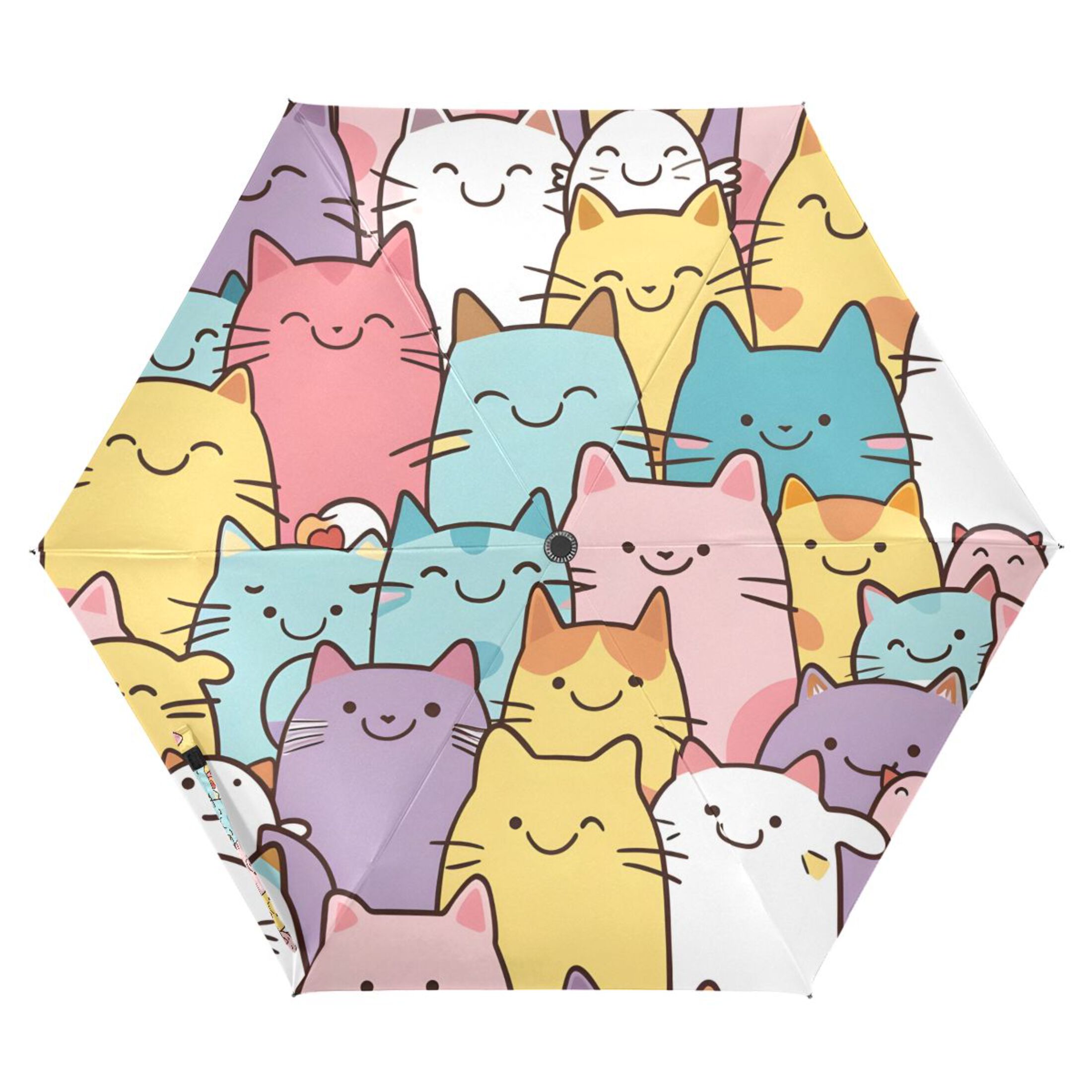 Cute Cartoon Cat Faces All Weather Umbrella Triple Folding Parasol 6 Ribs UV Protection Portable