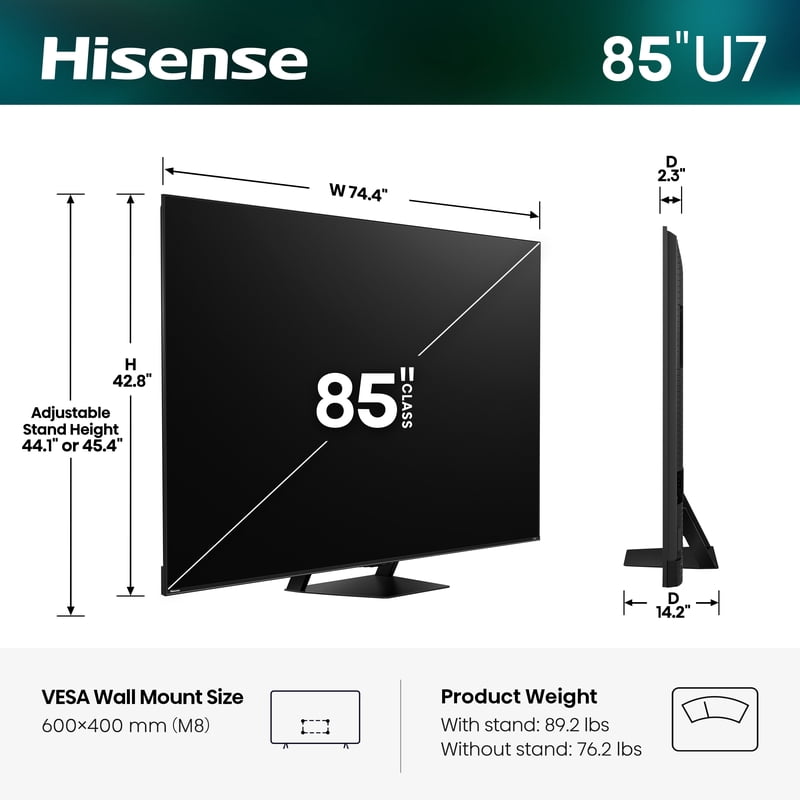 Hisense 85" U7 Series MiniLED QLED UHD 4K HDR Smart Google TV (85U7SG, 2026 Model) front and back view