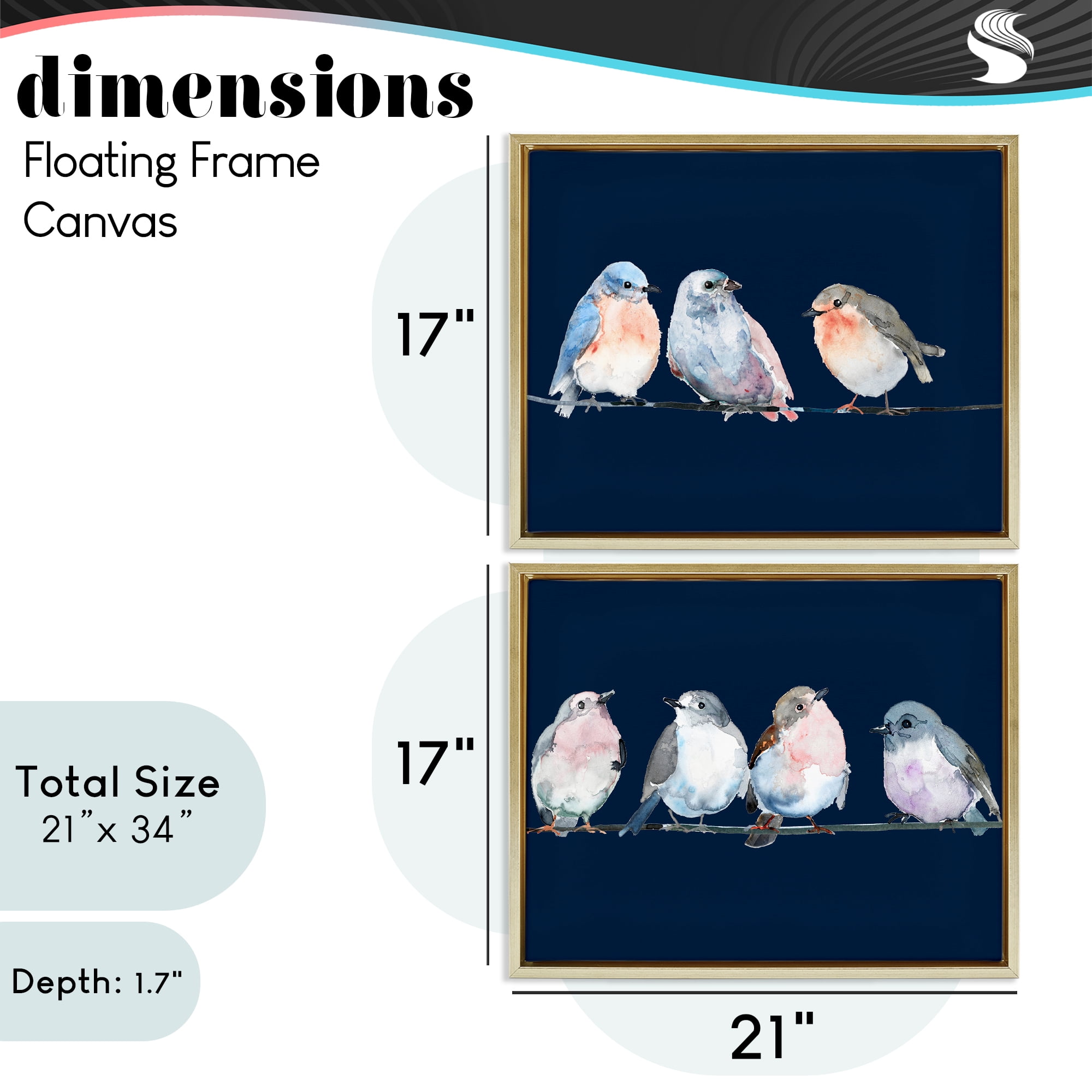 Stupell Industries Perched Navy Toned Birds 2 Piece Gold Framed Floater Canvas Set, design by Lorenzo Collective