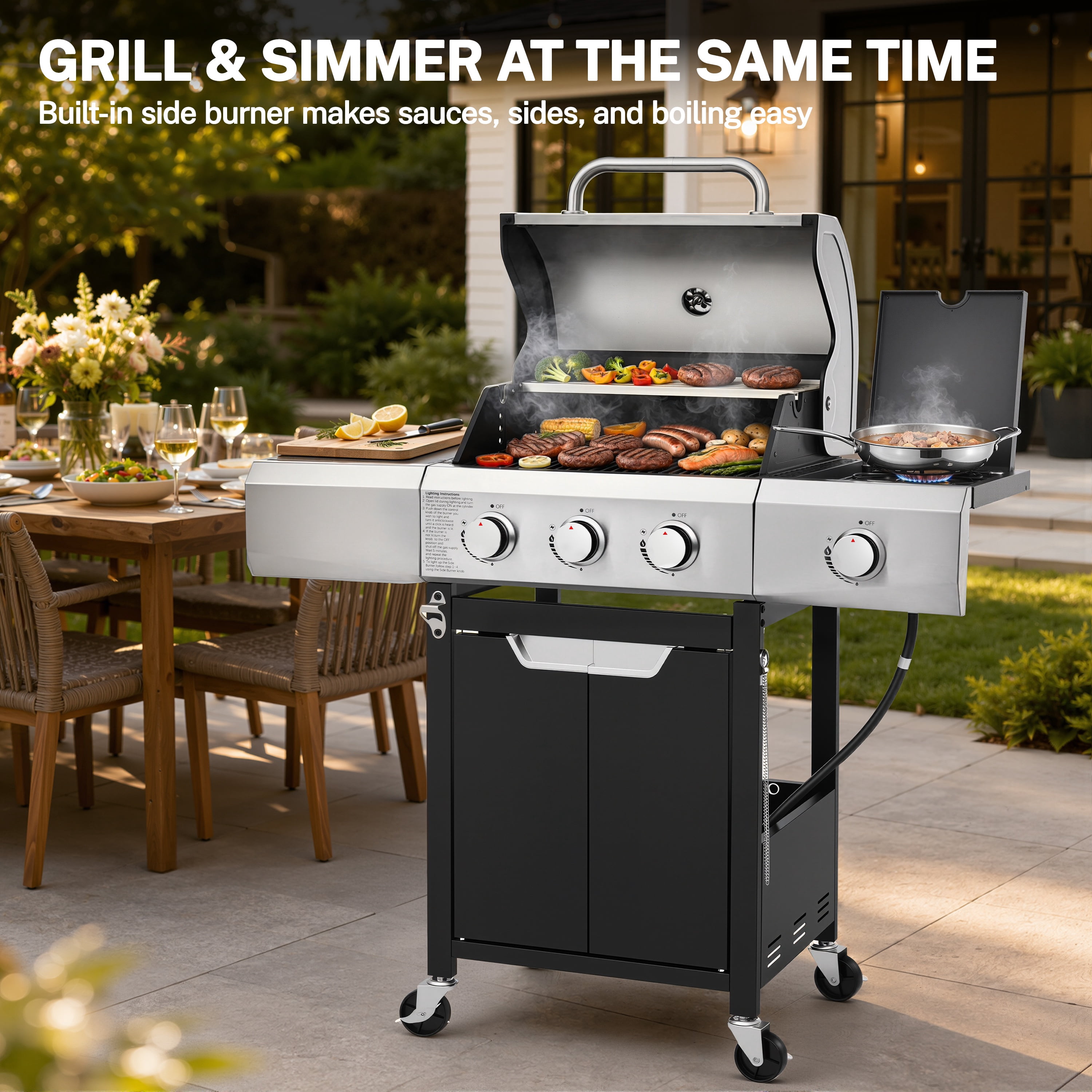 Segmart 3 Burner BBQ Propane Gas Grill with Side Burner, Stainless Steel 40,500 BTU Patio Garden Barbecue Grill with Wheels, and Bottle Opener, Perfect for Camping, Outdoor Cooking