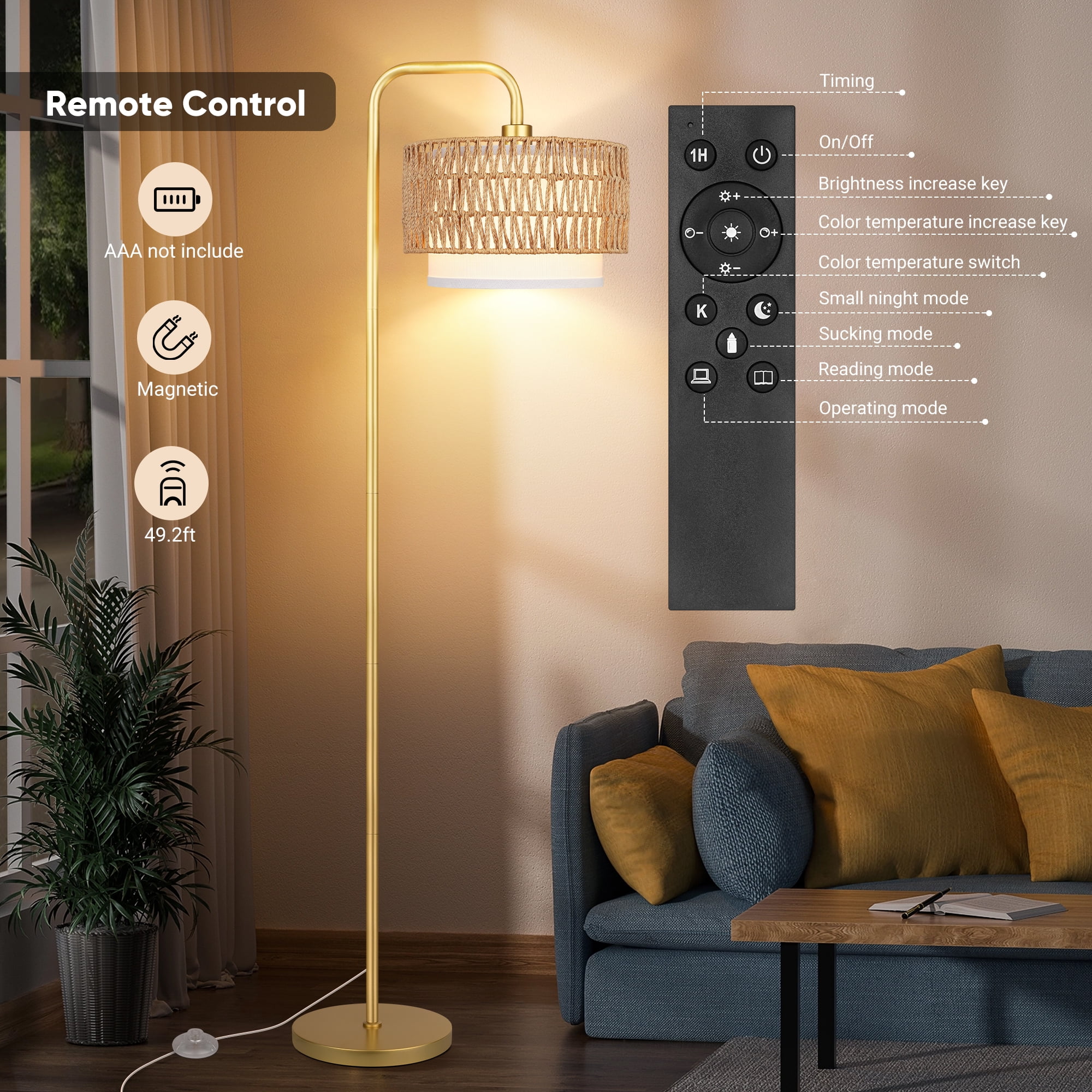 SparkGlowy Gold Floor Lamp with 3 Color Temperatures, Farmhouse Tall Lamp for Living Room, Boho Standing Lamp with Rattan & Fabric Shades
