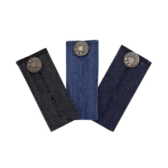 3 Pack Denim Button Extenders for Jeans, Pants, Trousers and Maternity Wear, Adjustable Waistband Extender with Dual-Slot Design, No-Sew, Black Light Blue Navy Blue, Sturdy Metal Shank Button