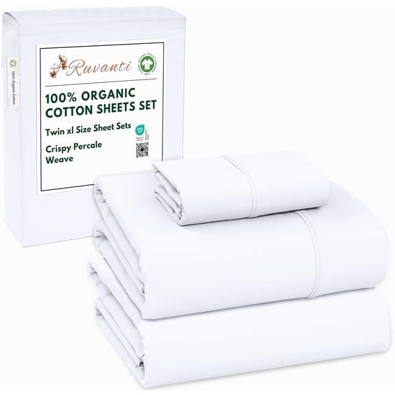 RUVANTI 100% Organic Cotton Sheets - Twin XL Sheet Sets - 3 Piece Percale Weave Bedding, Crisp, Cooling & Breathable, Soft & Durable, 16" Deep Pocket, Hotel Quality Sábanas - Bright White