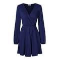 thumbnail image 5 of Furvclv Women Long Puff Sleeve Mini Dress Deep V Neck Solid A-Line Party Casual Dress, 5 of 9
