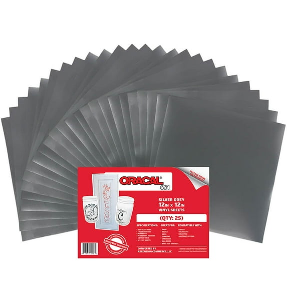 (25) 12" x 12" Sheets - Oracal 651 Silver grey Adhesive Craft Vinyl for Cricut, Silhouette, Cameo, Craft Cutters, Printers, and Decals - Matte Finish and Outdoor and Permanent