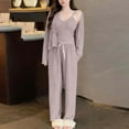 thumbnail image 2 of Lightweight Summer Pajamas Sevevn Womens 3 Piece Lounge Sets Pajamas Knit Long Sleeve Cardigan Crop Top Wide Leg Pants Loungewear Set, 2 of 7
