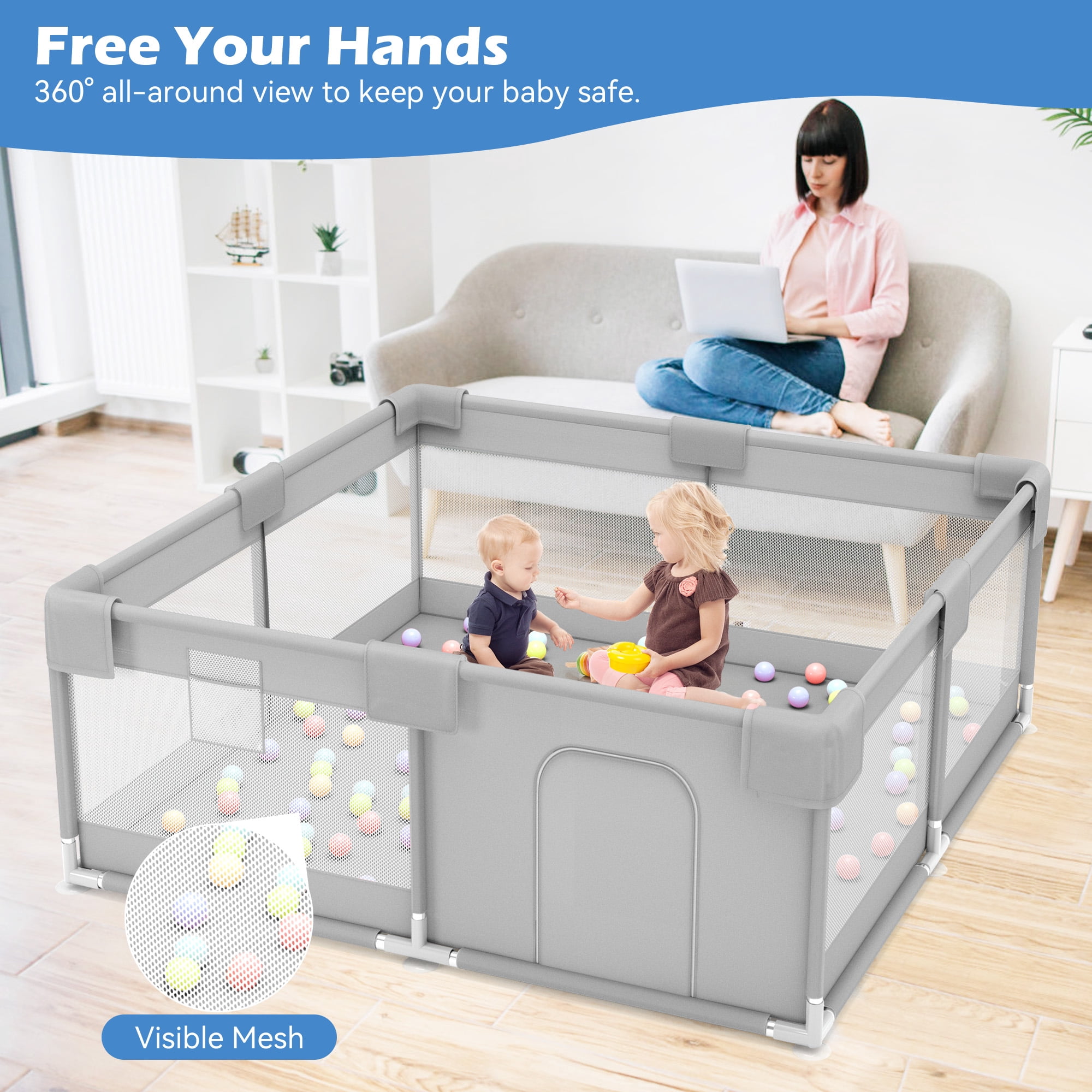 babyeap Baby Playpen,50x50 Inch Baby Playards for Babies and Toddlers,Fence Baby Play Yards for Indoor & Outdoor with Breathable Mesh,Light Gray