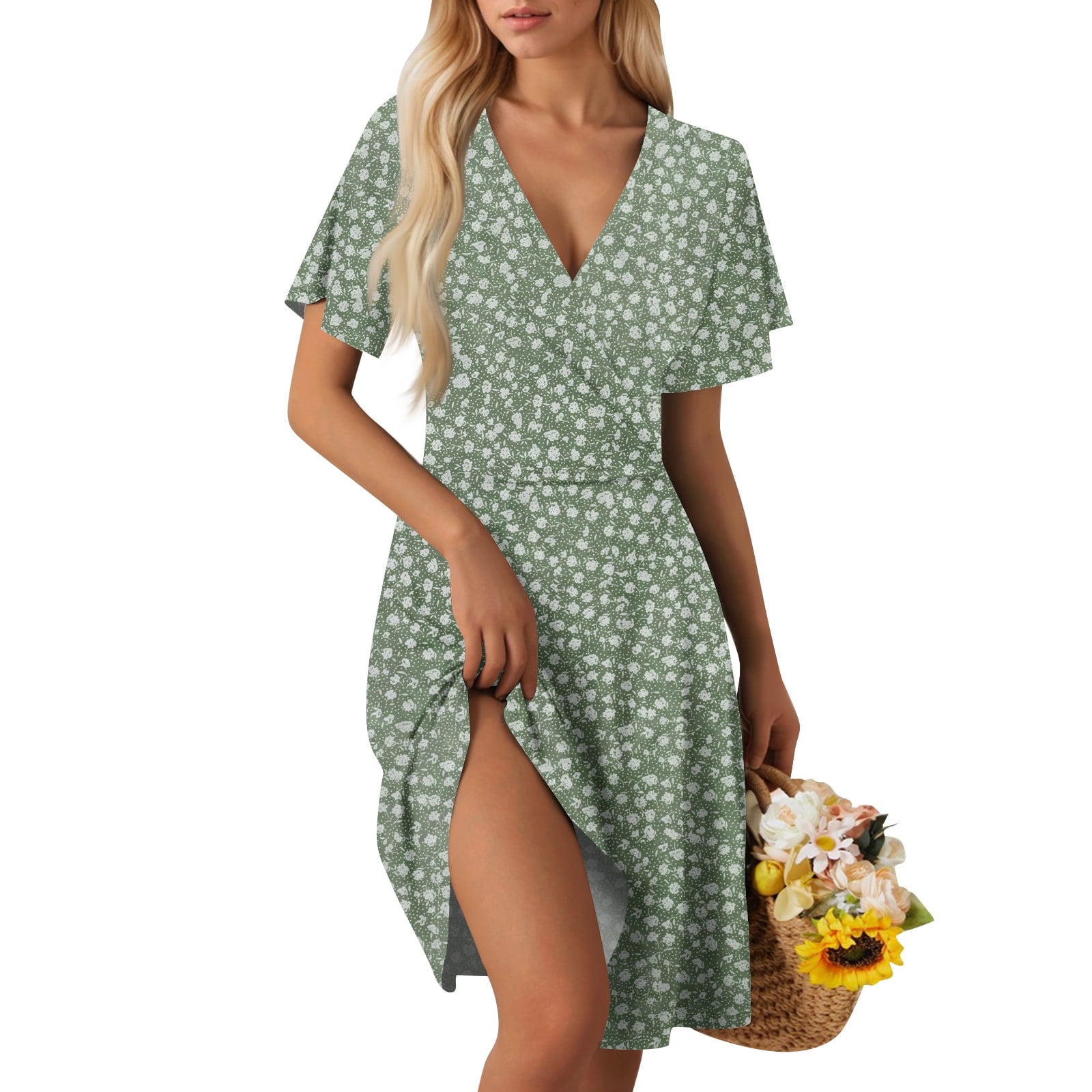 GXIPO Modest Dresses Wrap V Neck Knee Length Sundresses for Women Over 50  Green 2XL