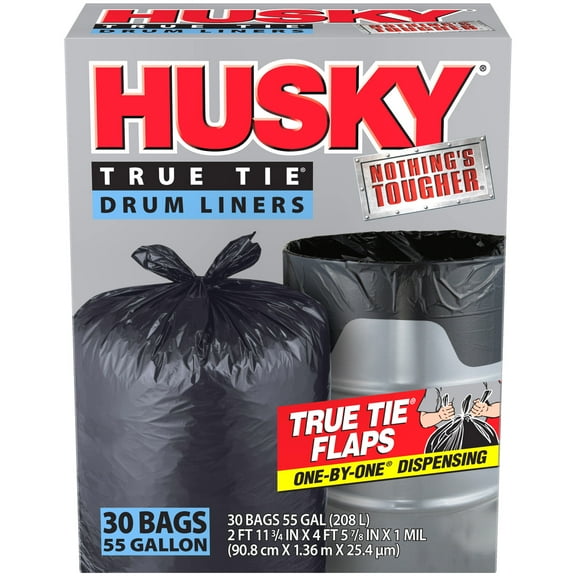 Husky Flap Tie Black Drum Liner, 55 Gallon, 30 Count