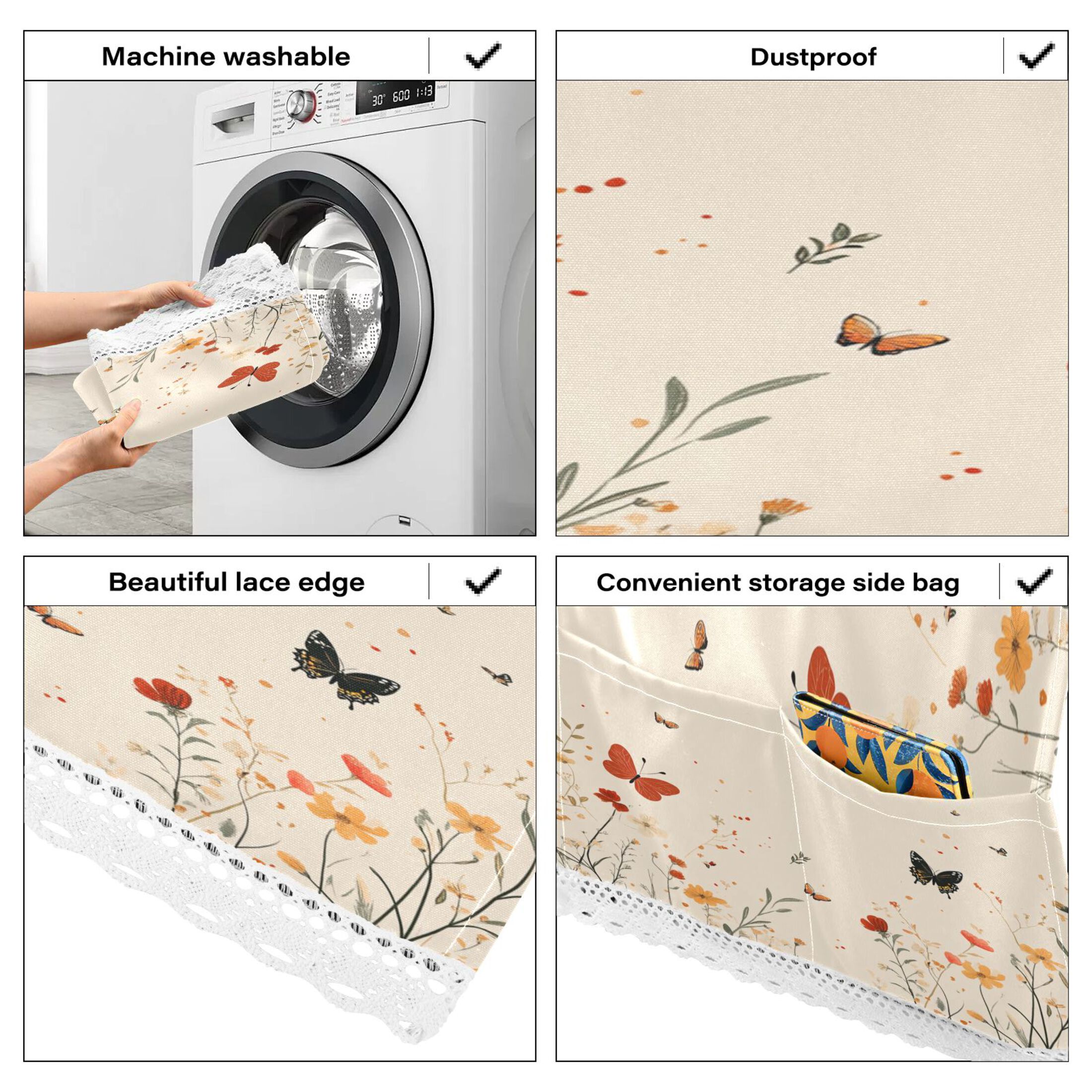 Butterflies on A Beige BackgroundWasher and Dryer Covers Dust-Proof and Oil Resistant Fridge Cover with 4 Storage Pockets Washing Machine Top Cover for Laundry Kitchen Home 51.2 x 22 In