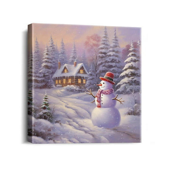 Happy Snowman Decor Wall Art Merry Christmas Snow Landscape Pictures Wall Decor Contemporary Artwork Painting Canvas Print Decor for Office Bedroom Kitchen Dining Room 12x12 Inch